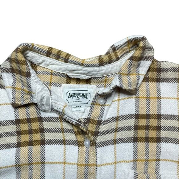 AMERICAN EAGLE Button Down Flannel Shirt Yellow Brown Plaid Size Medium - Picture 5 of 8